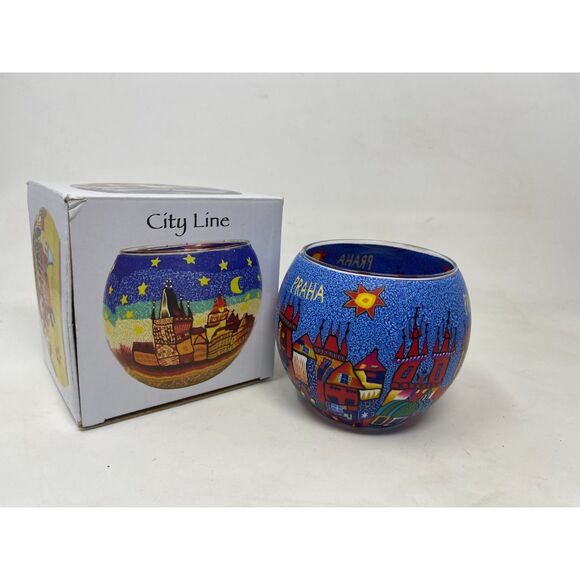 Vintage Sicherheitshinweis Glass Candle Holder CITY LINE Glowing Globes Praha - Picture 8 of 11